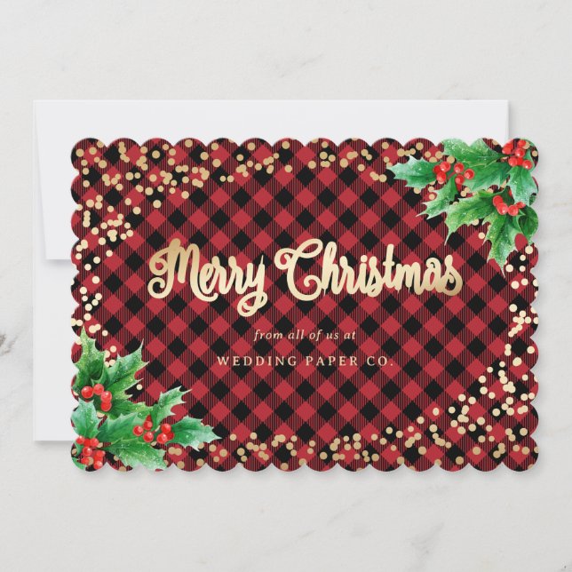 Red Gold Plaid Holly Business Christmas Cards (Front)