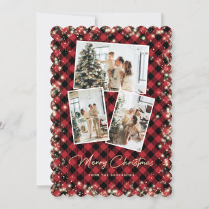 Red Gold Plaid Photo Collage Merry Christmas Holiday Card