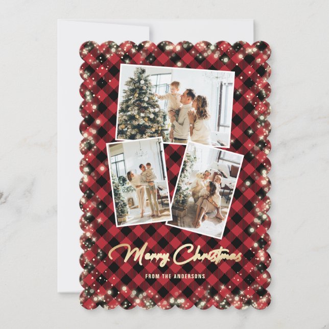 Red Gold Plaid Photo Collage Merry Christmas Holiday Card (Front)