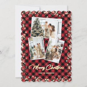 Red Gold Plaid Photo Collage Merry Christmas Holiday Card