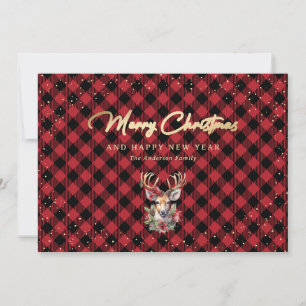Red Gold Plaid Reindeer Snow Merry Christmas Holiday Card