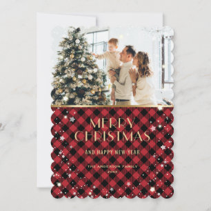 Red Gold Plaid Snow Photo Merry Christmas Card