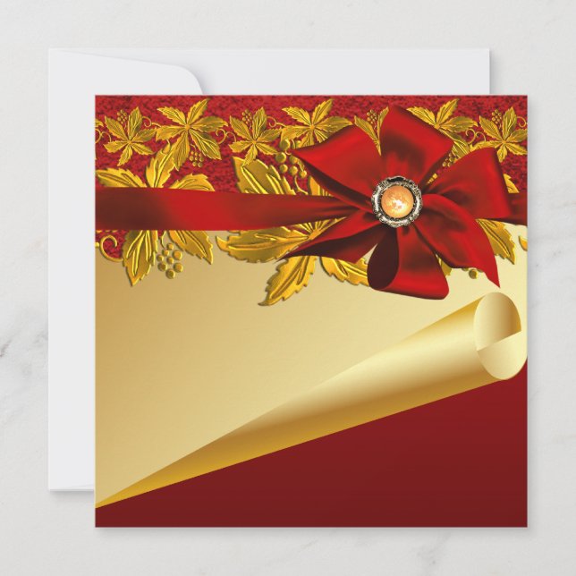 Red Gold Poinsettia Christmas Party Invitation (Front)