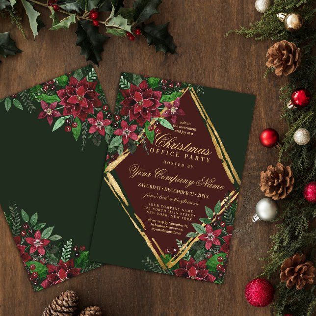 Red Gold Poinsettia Floral Corporate Christmas Invitation (Creator Uploaded)