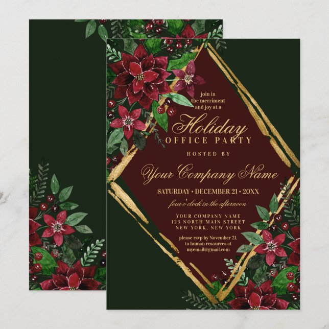 Red Gold Poinsettia Floral Corporate Holiday Party Invitation (Front/Back)