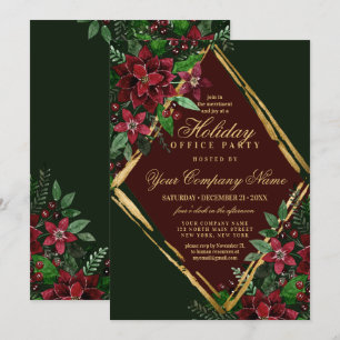 Red Gold Poinsettia Floral Corporate Holiday Party Invitation