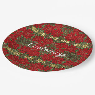 Red & Gold Poinsettia Pattern Holiday Paper Plates