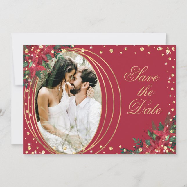 Red Gold Poinsettia Photo Christmas Wedding Save The Date (Front)