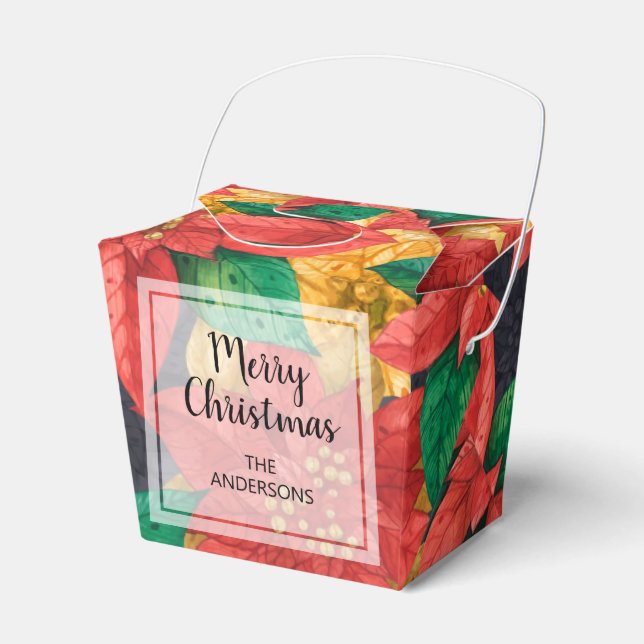 Red Gold Poinsettias Christmas Holiday Take Out Favour Box (Front Side)