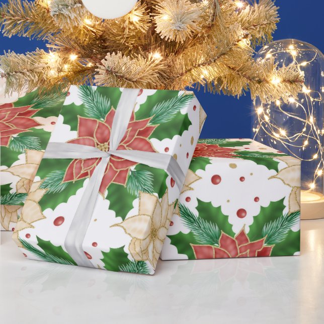 RED & GOLD POINTSETTIA CHRISTMAS BLOOMS WRAPPING PAPER (Holidays)