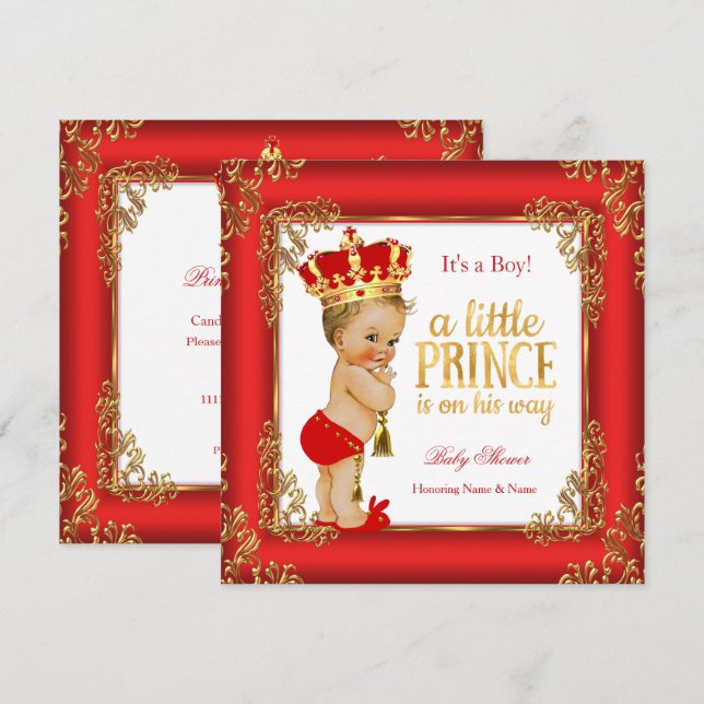 Red Gold Prince Baby Shower Damask Blonde Boy Invitation (Front/Back)