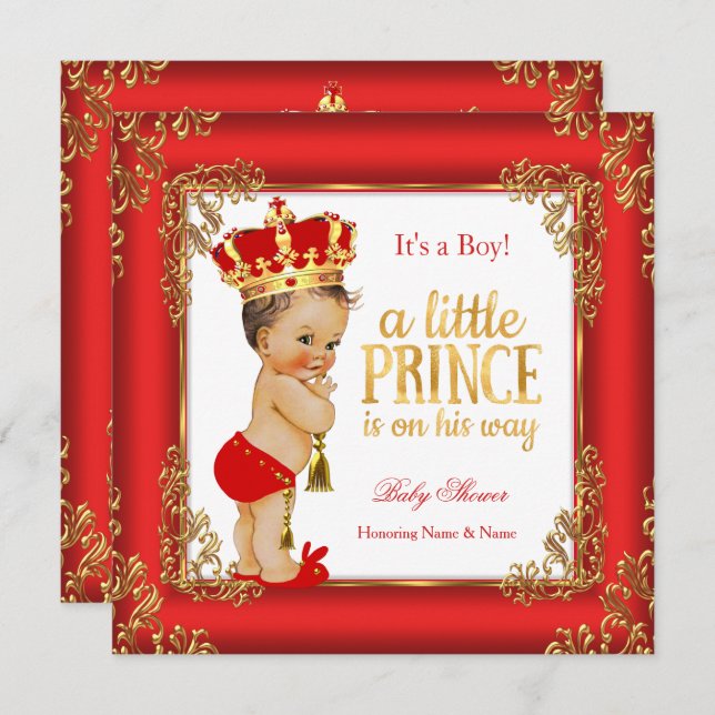 Red Gold Prince Baby Shower Damask Brunette Boy Invitation (Front/Back)