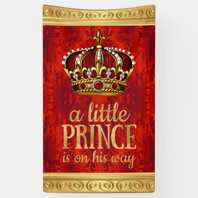 Red Gold Prince Crown Boy Baby Shower Banner (Vertical)