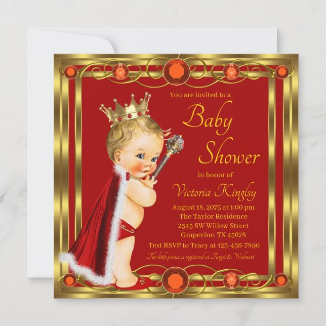 Red Gold Prince Jewel Baby Shower Invitation (Front)
