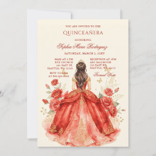 Red Gold Princess Floral Tiara Quinceañera Invitation