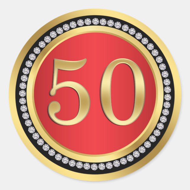Red, gold, print diamonds 50th Wedding Anniversary Classic Round Sticker (Front)