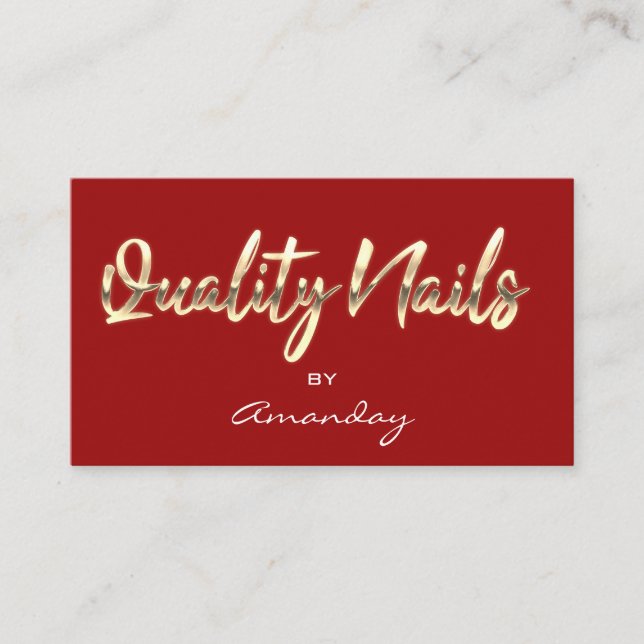 Red Gold Quality Nails Script QR Code Logo  Business Card (Front)