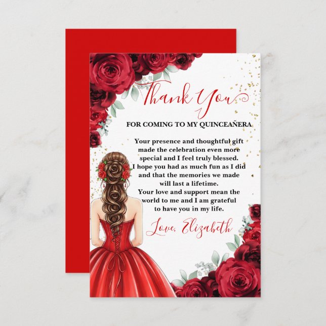 Red & Gold Quinceañera Custom Thank You Card (Front/Back)