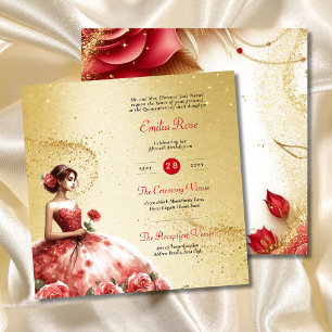 Red Gold Quinceanera Dress Ceremony Reception     Invitation