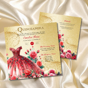 Red Gold Quinceanera Dress Ceremony Reception     Invitation