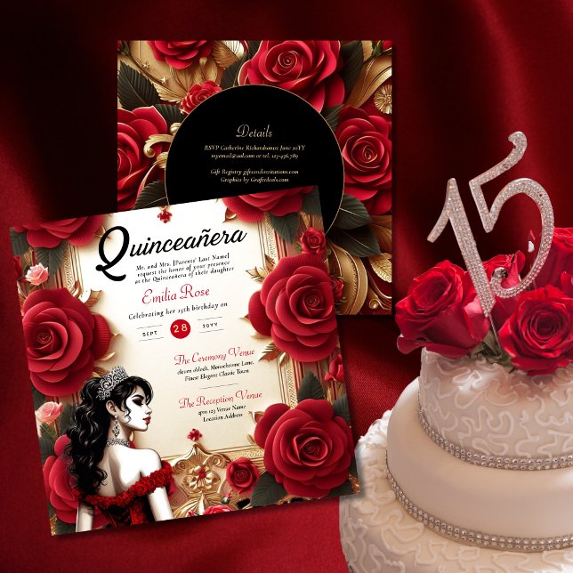 Red Gold Quinceanera Dress Ceremony Reception     Invitation (Creator Uploaded)