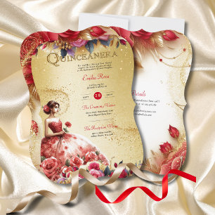 Red Gold Quinceanera Dress Ceremony Reception     Invitation