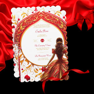Red Gold Quinceanera Dress Ceremony Reception     Invitation