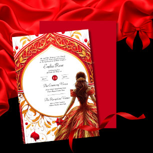 Red Gold Quinceanera Dress Ceremony Reception     Invitation