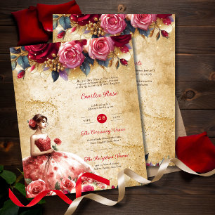 Red Gold Quinceanera Dress Vintage Parchment Theme
