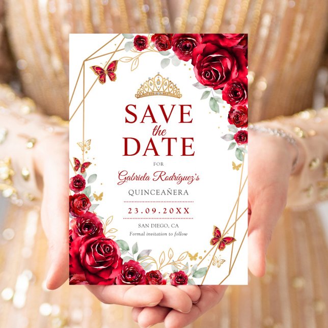Red Gold Quinceanera Floral Save The Date (Creator Uploaded)