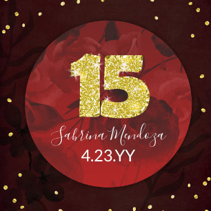 Red, Gold Quinceanera Gold #15 Round Sticker