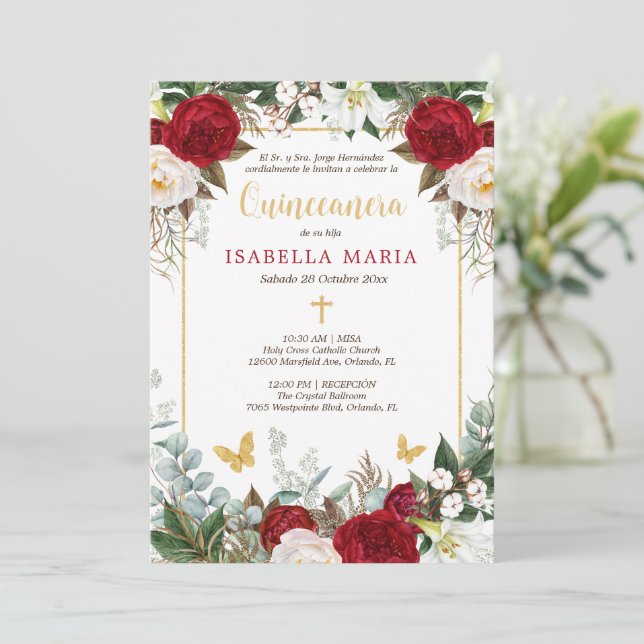 Red & Gold Quinceanera Invitation in Spanish (Standing Front)