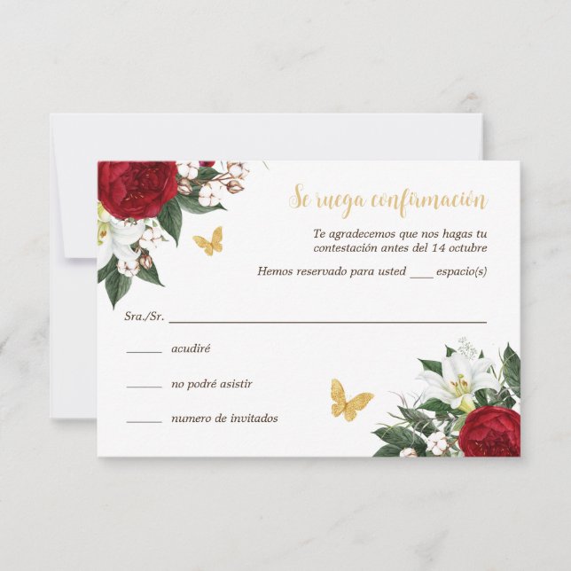 Red Gold Quinceañera RSVP Card in Spanish (Front)