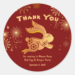 Red Gold Rabbit Fireworks Thank You Stickers 
