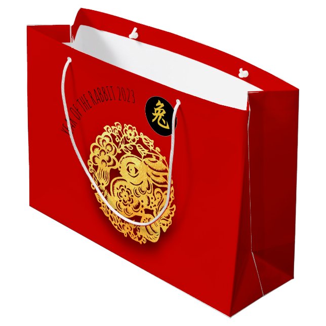 Red Gold Rabbit Papercut Chinese New Year 2023 LG Large Gift Bag (Back Angled)