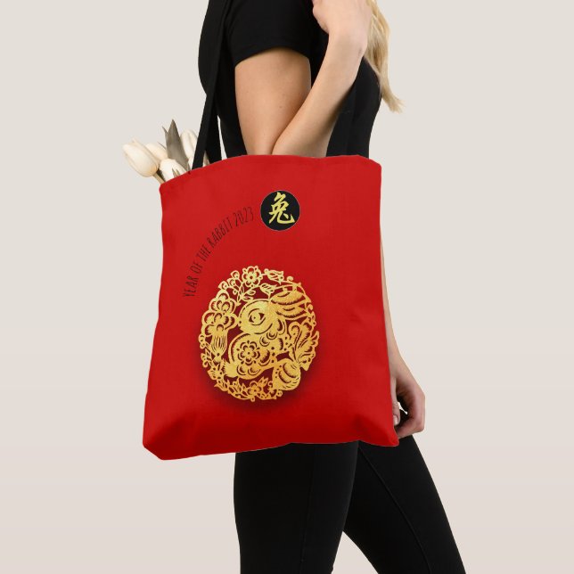 Red Gold Rabbit Papercut Chinese New Year 2023 Tote Bag (Close Up)