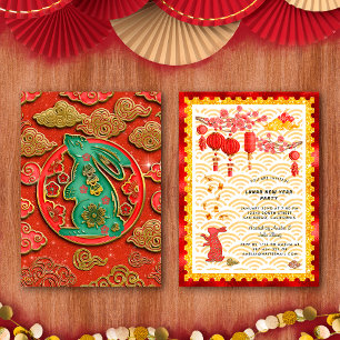 Red Gold Rabbit Zodiac Chinese New Year Party Invitation