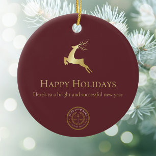 Red Gold Reindeer Happy Holidays Business Logo Ceramic Tree Decoration