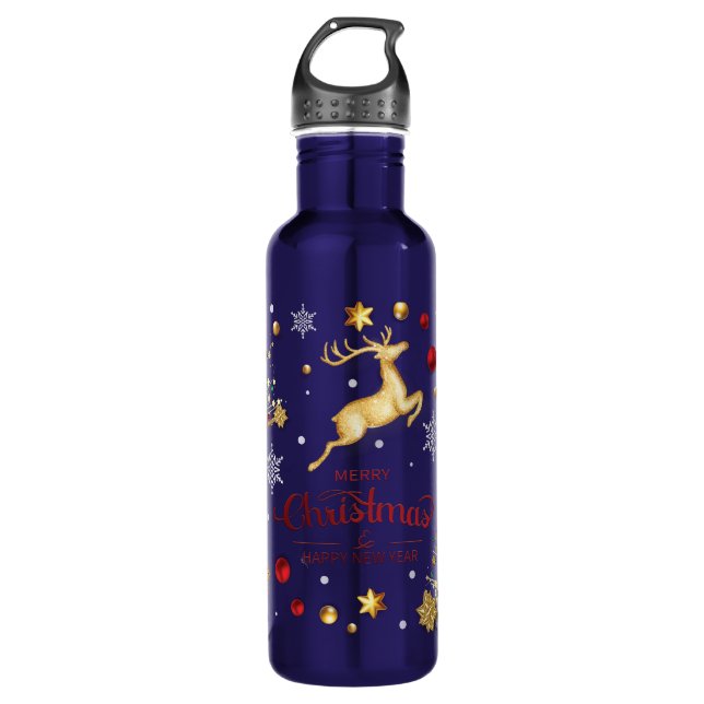 Red  Gold Reindeer Merry Christmas Tree  710 Ml Water Bottle (Front)