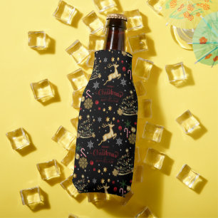 Red Gold Reindeer Merry Christmas Tree Bottle Cooler