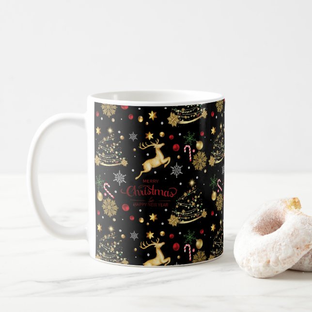 Red  Gold Reindeer Merry Christmas Tree Coffee Mug (With Donut)