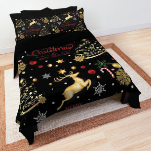 Red Gold Reindeer Merry Christmas Tree Fleece Blanket