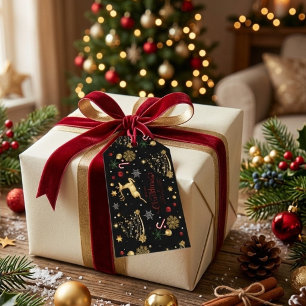 Red Gold Reindeer Merry Christmas Tree Gift Tags