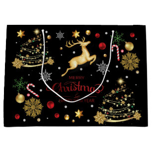 Red  Gold Reindeer Merry Christmas Tree  Large Gift Bag