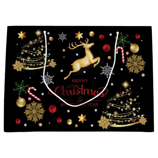 Red  Gold Reindeer Merry Christmas Tree  Large Gift Bag (Front)