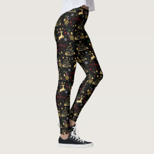 Red  Gold Reindeer Merry Christmas Tree  Leggings