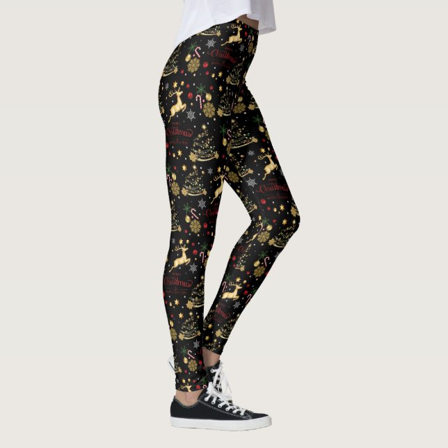 Red  Gold Reindeer Merry Christmas Tree  Leggings (Right)