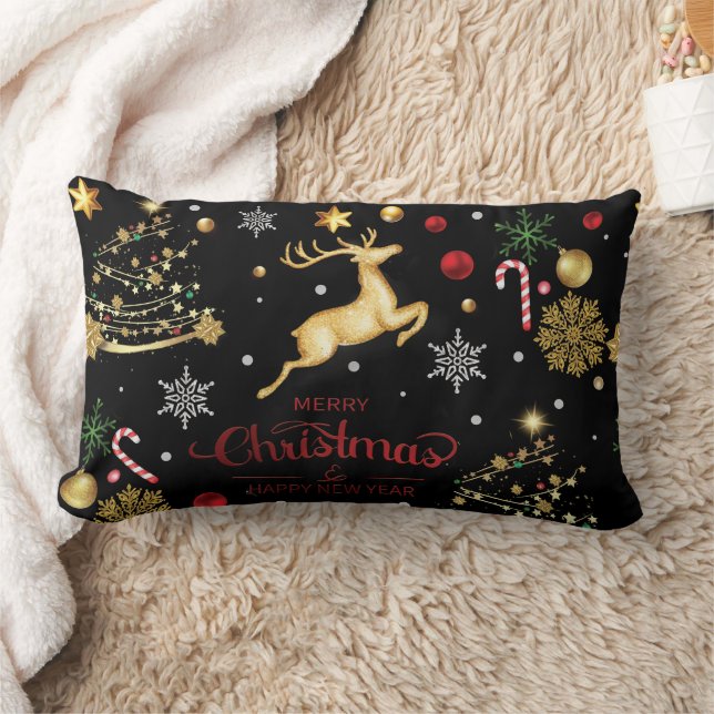 Red  Gold Reindeer Merry Christmas Tree   Lumbar Cushion (Blanket)