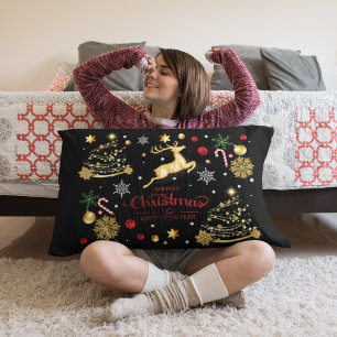 Red  Gold Reindeer Merry Christmas Tree Lumbar Cushion