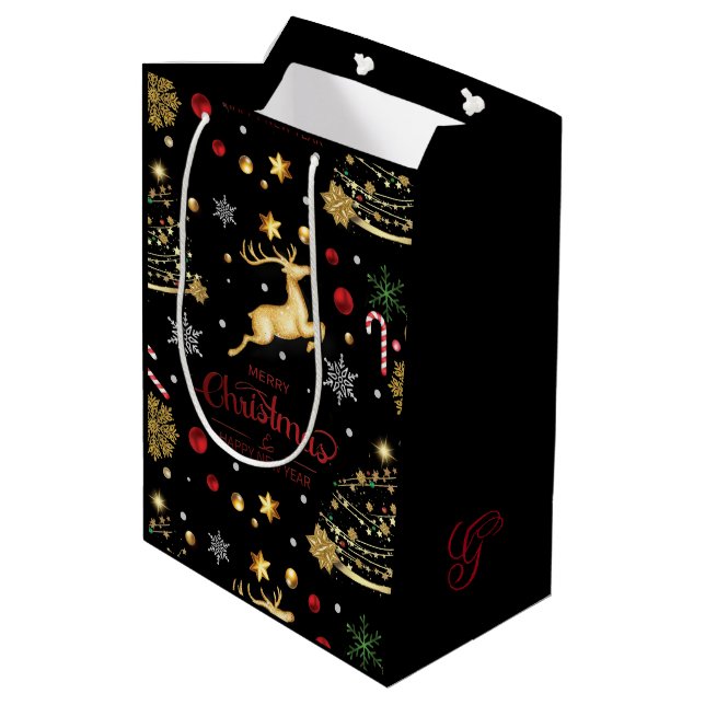 Red  Gold Reindeer Merry Christmas Tree  Medium Gift Bag (Back Angled)